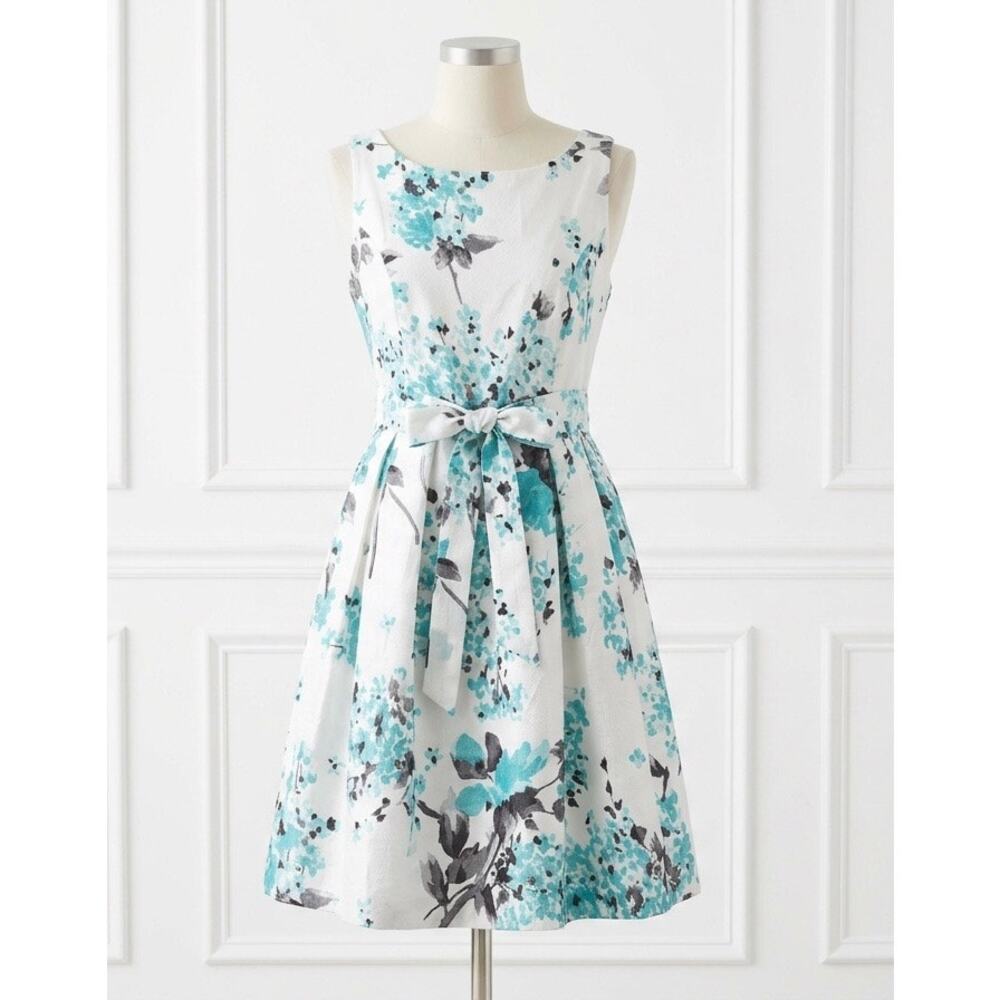 Jessica Howard Dress Fit Flare Crinoline Lined White Aqua Floral Women’s Size 14
